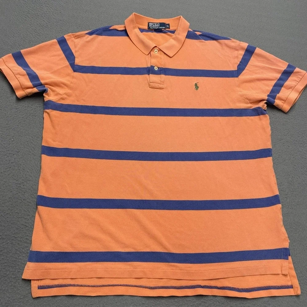 Polo Ralph Lauren Polo Shirt Mens XL Orange Blue Stripe 100% Cotton Pony Logo